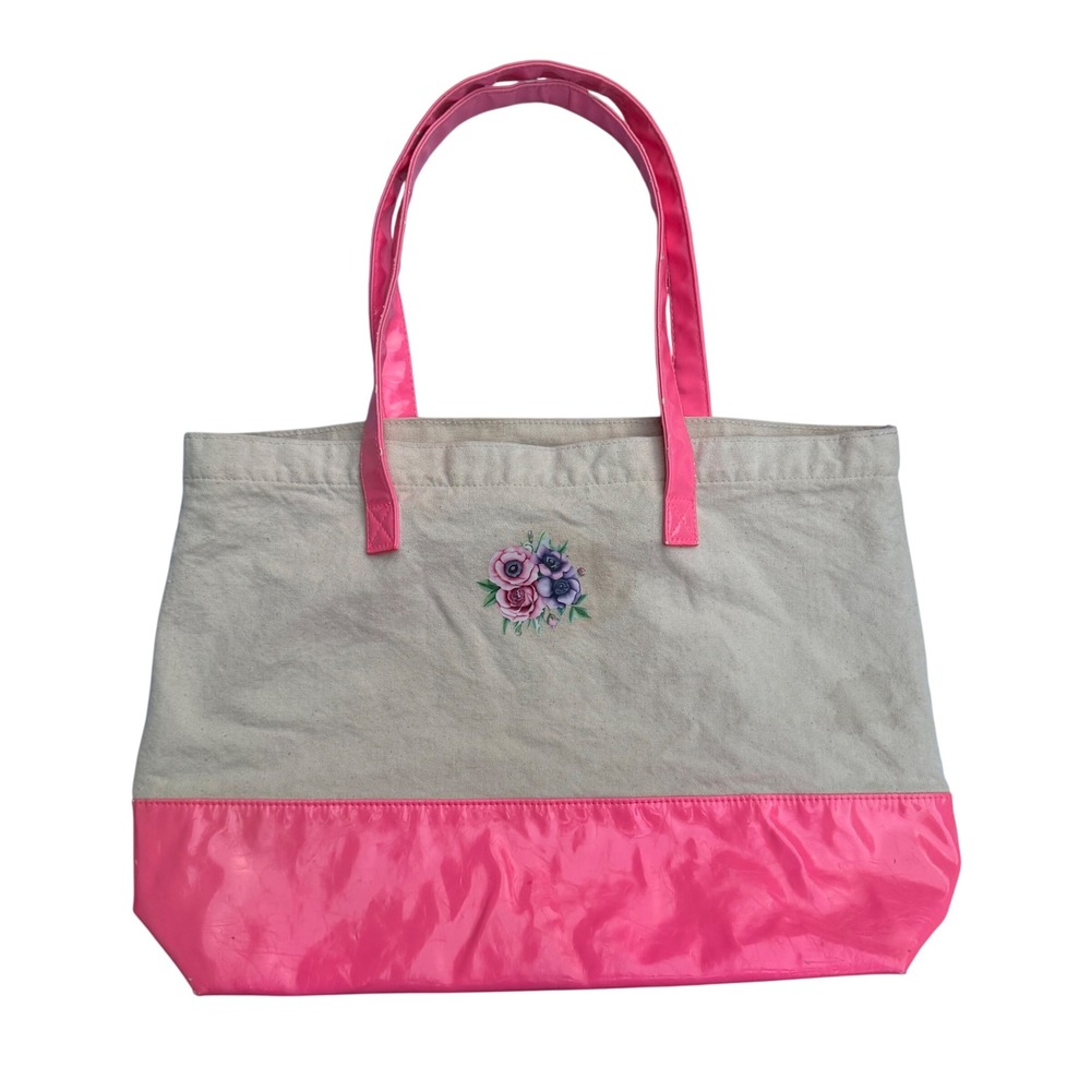 Victoria's Secret Canvas Tote Neon Pink Floral Y2K Barbiecore Beach Bag OS